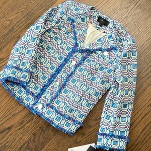 NWT Carlisle Blue and White canvas Patterned Fringe Jacket